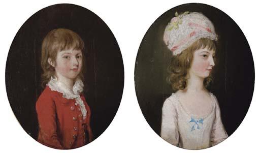 Thomas Hickey - Portrait of a young boy, half-length, in a red coat and white collar; and Portrait of a young girl, half-length, in a white dress, wearing a white cap with flowers and light pink ribbons