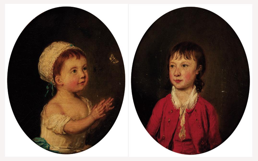 Thomas Hickey - Portrait of a young girl, half-length, in a white dress and bonnet, with a butterfly; and Portrait of a young boy, half-length, in a red coat and waistcoat