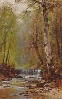 Thomas Hill - A Stream and Waterfall in the Woods