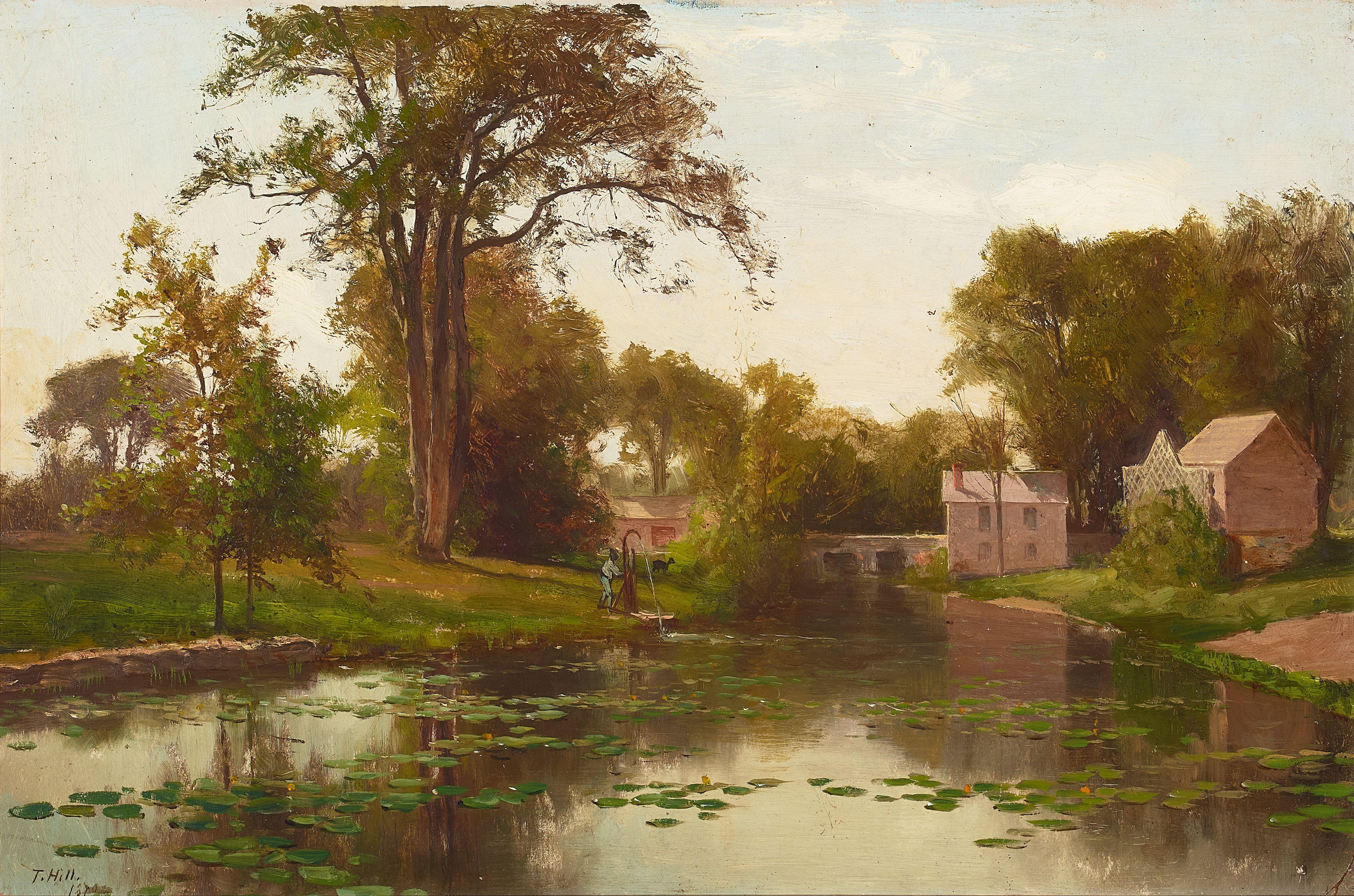 Thomas Hill - Canal Landscape (likely Massachusetts) 12 1/2 x 18 1/5 in. framed 21 x 27 in.