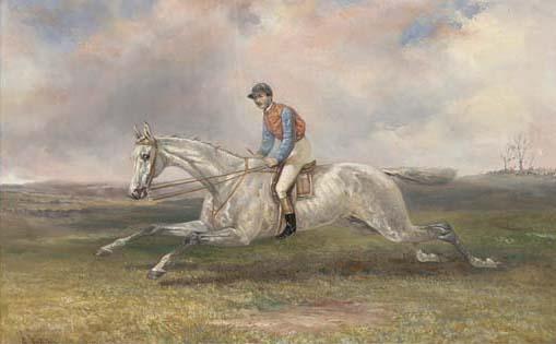 Thomas Hillier Mew - A jockey on a grey in full gallop