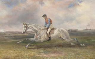 Thomas Hillier Mew - A jockey on a grey in full gallop