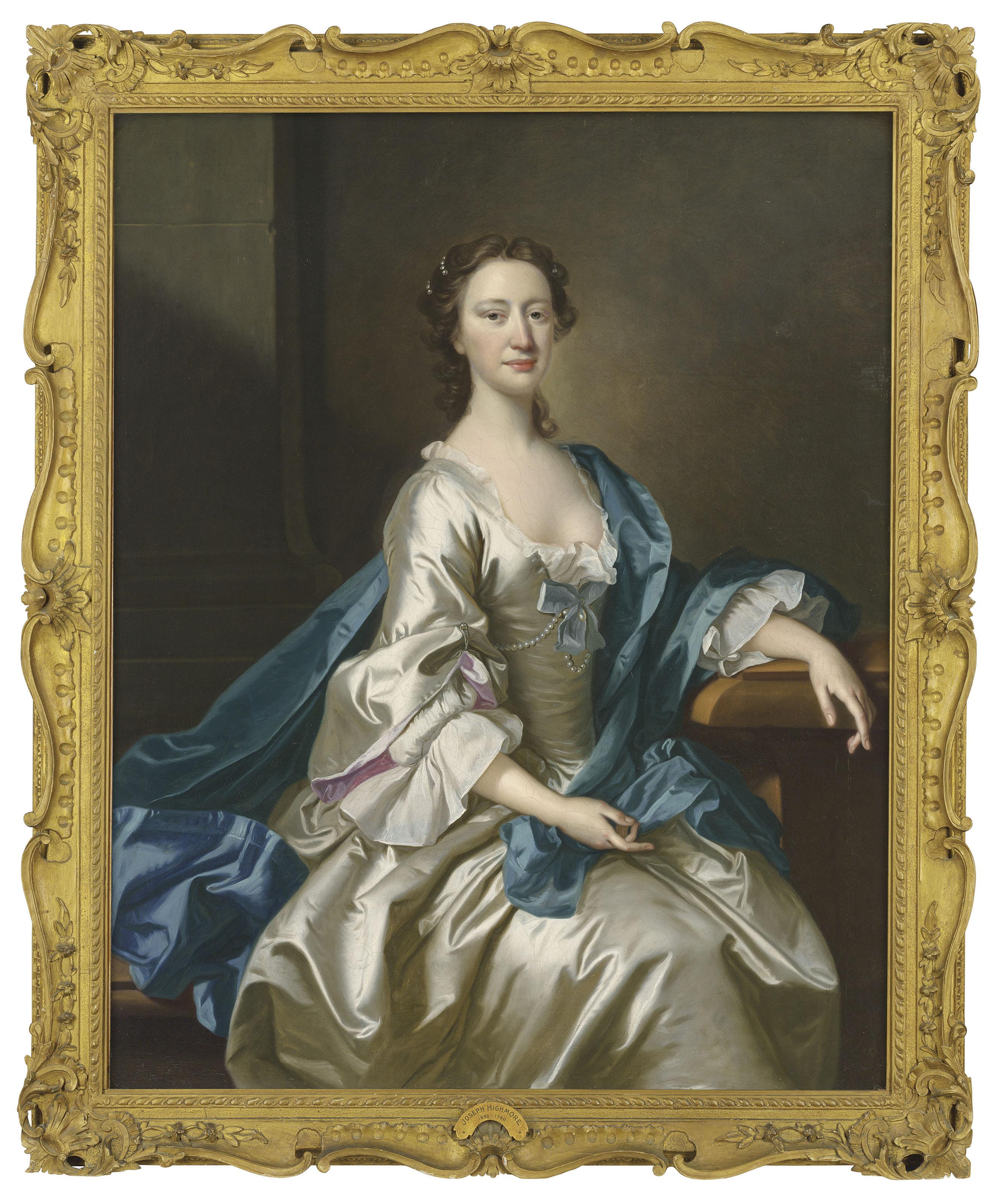 Thomas Hudson - Portrait of a lady, three-quarter-length, seated by a table in a oyster satin gown and blue mantle