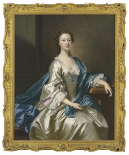 Thomas Hudson - Portrait of a lady, three-quarter-length, seated by a table in a oyster satin gown and blue mantle