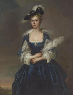 Thomas Hudson - Portrait Of Elizabeth Dunch, Later Lady Oxenden, Three-Quarter-Length, Wearing A Blue  Dress And Black Hat And Holding A White Feather Plume, Standing In A Landscape