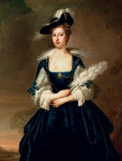 Thomas Hudson - Portrait of Elizabeth Dunch, later Lady Oxenden, three-quarter-length, wearing a blue van Dyck dress and black hat and holding a white feather plume, standing in a landscape