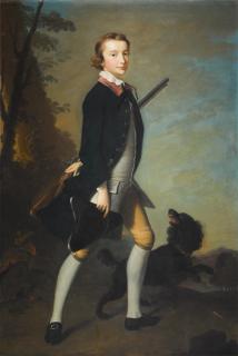 Thomas Hudson - Portrait of Henry Hunter with a spaniel, full-length, standing in a landscape holding a flint-lock and his tricorn