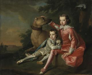 Thomas Hudson - Portrait of John and Robert, sons of Robert Ker, 2nd Duke of Roxburghe, in van Dyck costume with their two dogs, an extensive landscape beyond