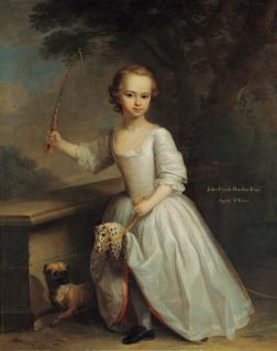 Thomas Hudson - Portrait Of John Fytch Barker, Later 7Th Bt., Aged Three, Full-Length, In A White Dress Riding A Hobby Horse With A Whip In His Right Hand And A Pug At His Side, In A Landscape