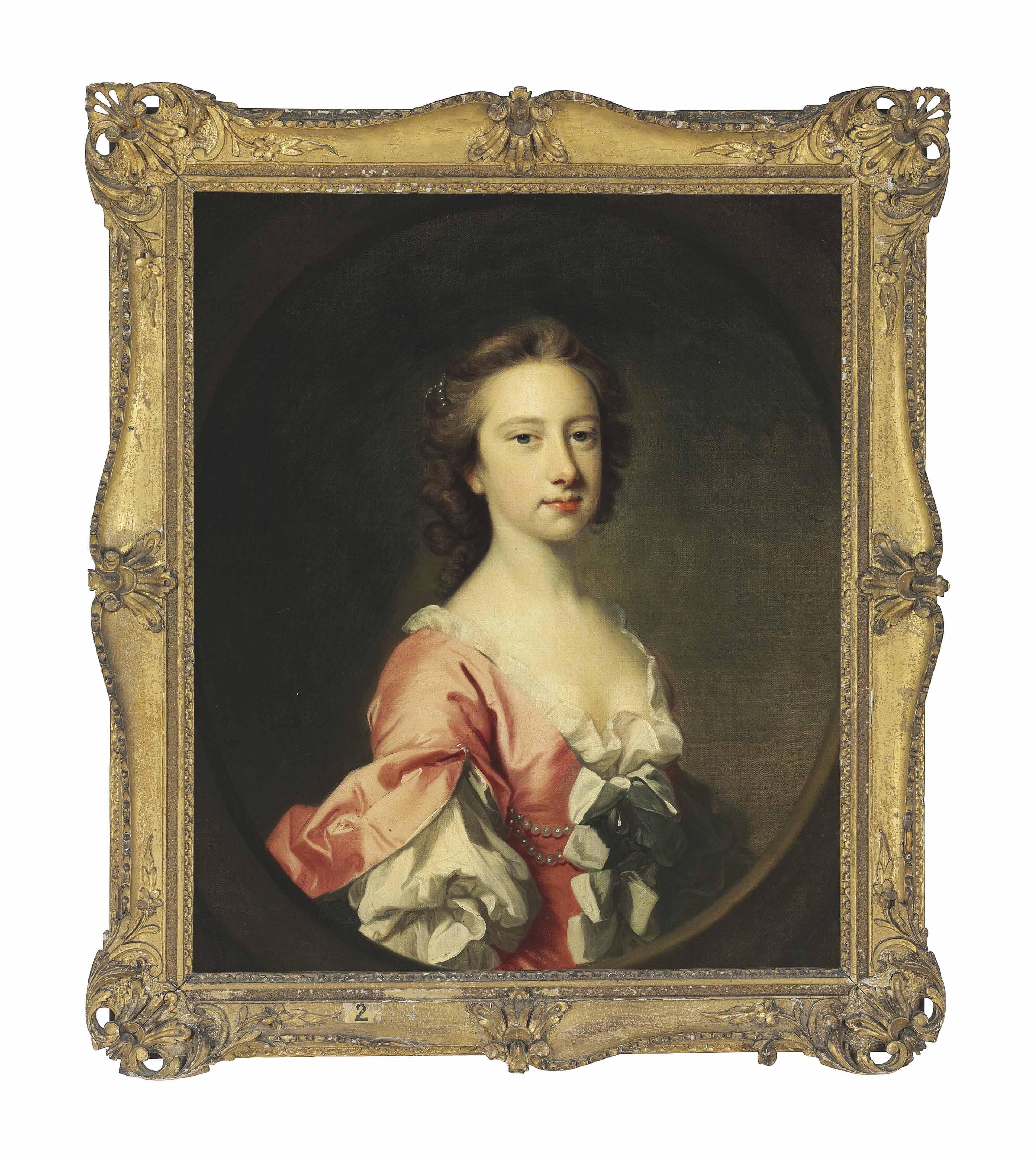 Thomas Hudson - Portrait of Lady Anne Brudenell (d. 1786), half-length, in a pink dress with cuffed sleeves and pearls in her hair, in a painted oval