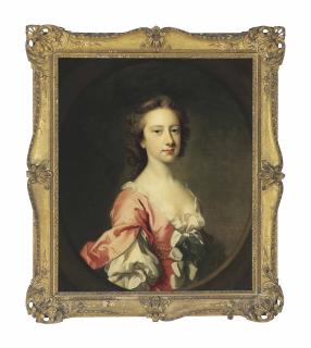 Thomas Hudson - Portrait of Lady Anne Brudenell (d. 1786), half-length, in a pink dress with cuffed sleeves and pearls in her hair, in a painted oval