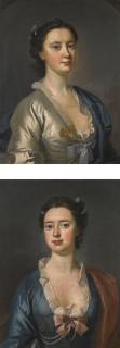 Thomas Hudson - Portrait Of Margaretta, Half-Length, In A White Dress And Blue Cloak; Portrait Of Her Sister, Frances, Half-Length, In A Blue Dress And Pink Cloak, Both Daughters Of John Bampfylde (1691-1750)