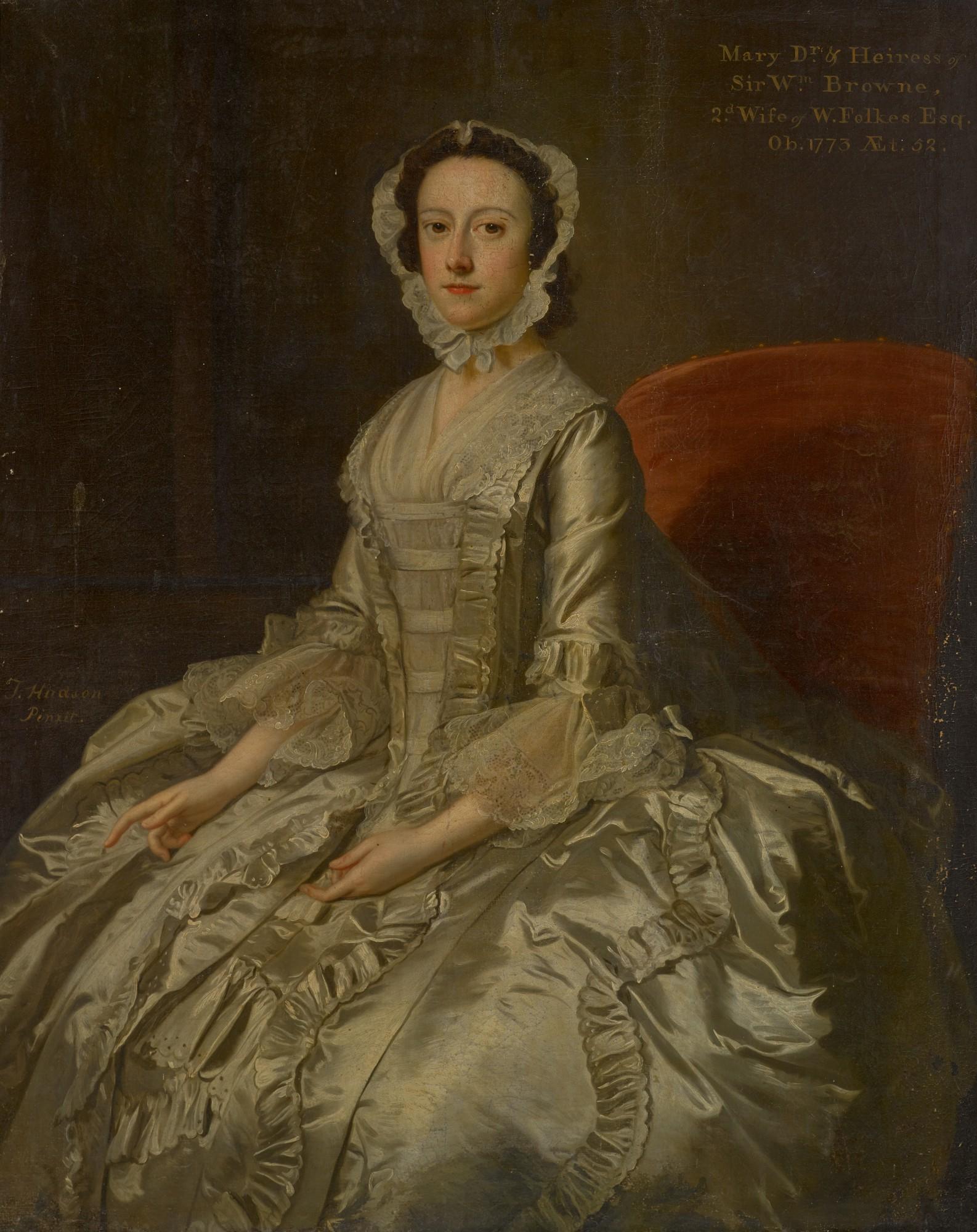 Thomas Hudson - Portrait Of Mary Ffolkes, Née Browne (1721-73), Three-Quarter-Length, Seated Wearing A White Satin Dress