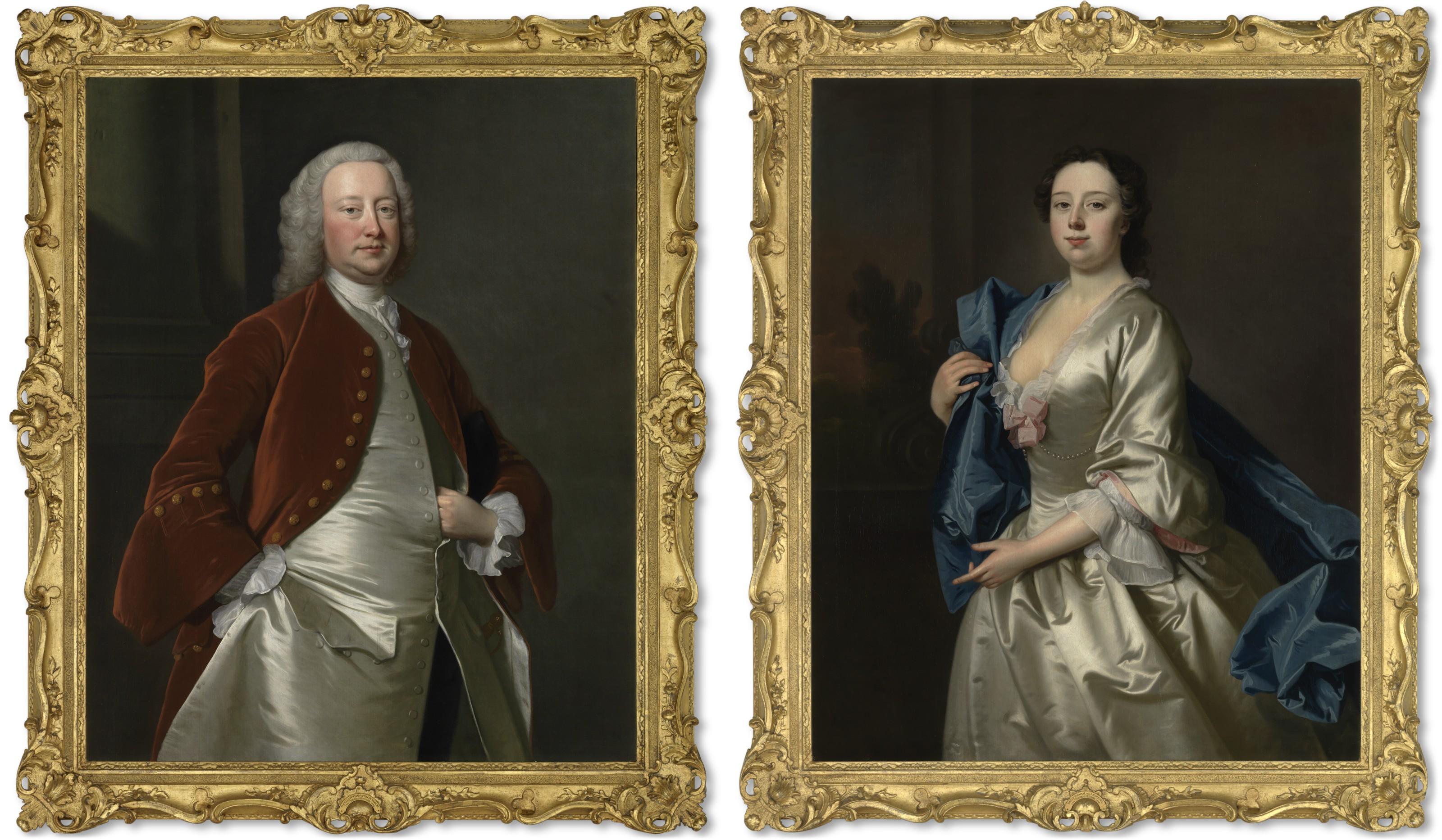 Thomas Hudson - Portrait Of Thomas Popham (D. 1749) Of Bagborough, Somerset, Three-Quarter-Length, In A Brown Coat And Silver Satin Waistcoat; And Portrait Of Sarah Popham, Née Andrews, Three-Quarter-Length, In A White Satin Dress