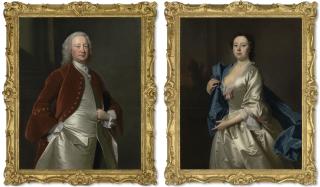 Thomas Hudson - Portrait Of Thomas Popham (D. 1749) Of Bagborough, Somerset, Three-Quarter-Length, In A Brown Coat And Silver Satin Waistcoat; And Portrait Of Sarah Popham, Née Andrews, Three-Quarter-Length, In A White Satin Dress