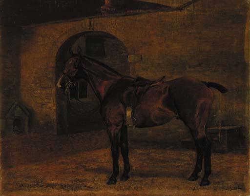 Thomas Ivester-Lloyd - Rattler, a chestnut hunter outside a stable yard; and Menelek, a dark brown hunter in a loose box