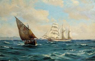 Thomas Jacques Somerscales - A Barquentine And Fishing Boat In Close Quarters Off The Azores