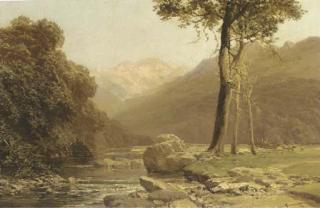 Thomas Jacques Somerscales - A Chilean landscape with a bullock cart on a track by a river, the Andes beyond