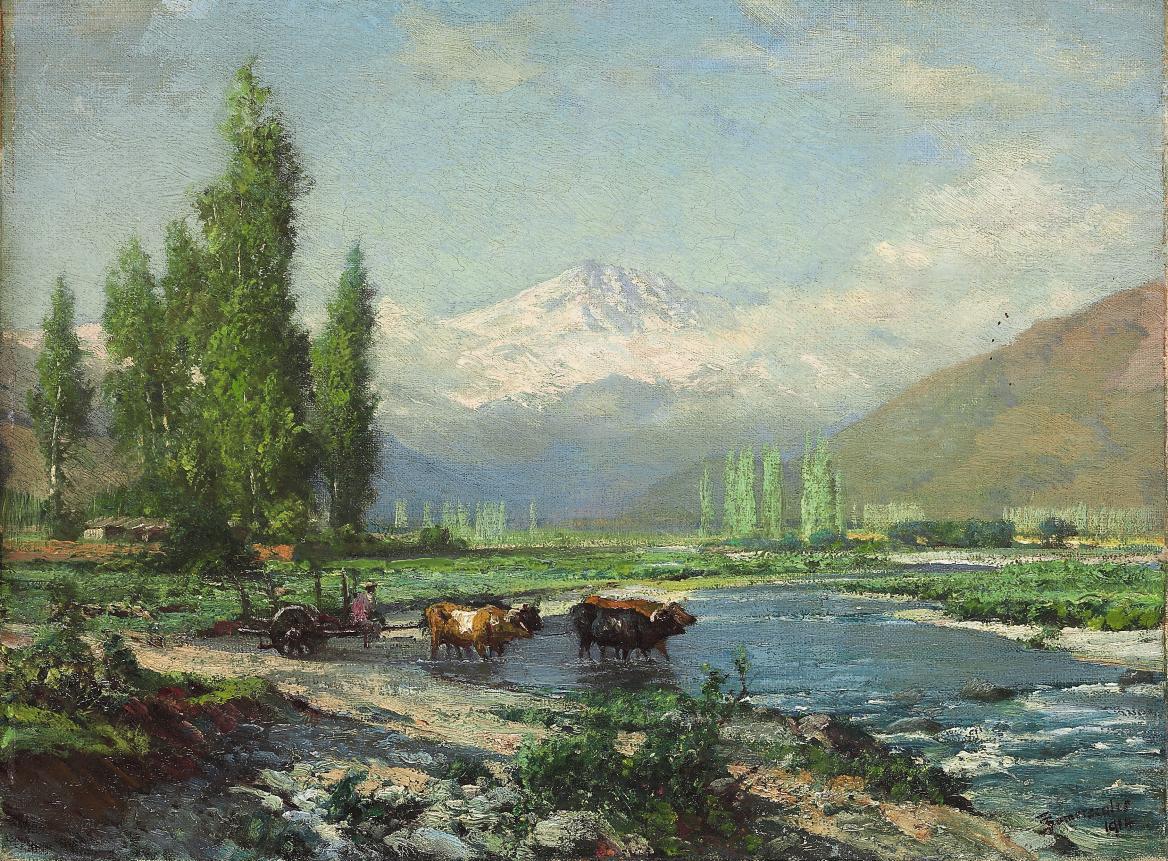 Thomas Jacques Somerscales - A farmer and oxen fording the Aconcagua river, the Andes beyond