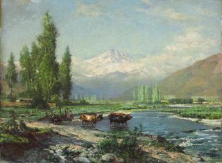 Thomas Jacques Somerscales - A farmer and oxen fording the Aconcagua river, the Andes beyond