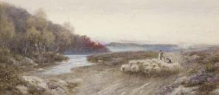 Thomas James Lloyd, R.W.S. - A shepherd and his flock returning home at sunset