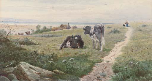 Thomas James Lloyd, R.W.S - Cows resting above the coast