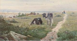 Thomas James Lloyd, R.W.S - Cows resting above the coast