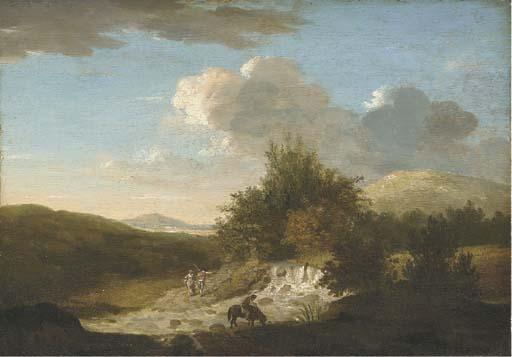 Thomas Jones - A wooded river landscape with figures by a ford