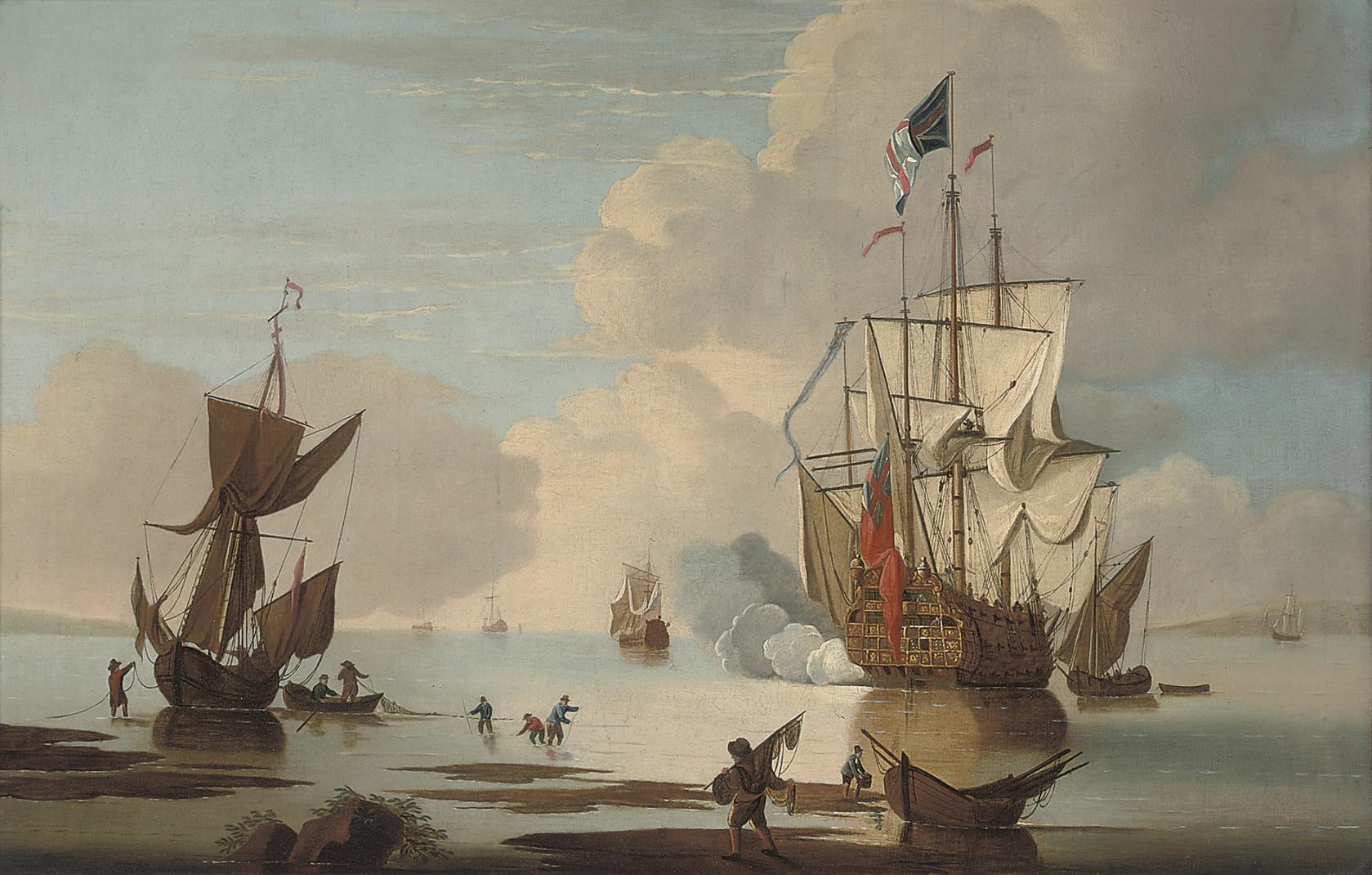 Thomas Leemans - A British warship announcing her arrival at the anchorage