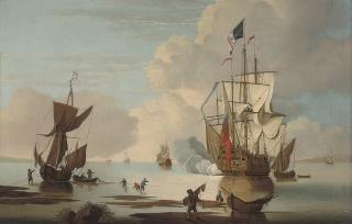 Thomas Leemans - A British warship announcing her arrival at the anchorage