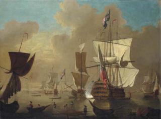 Thomas Leemans - A First Rate Man-O\'War, Firing A Salute From Her Position Within An Offshore Anchorage