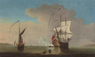 Thomas Leemans - A flagship announcing her departure from the Medway with a Royal yacht anchored nearby