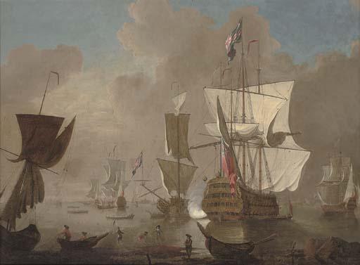 Thomas Leemans - A flagship arriving at her anchorage in the Nore and announcing her arrival with a salute
