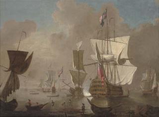 Thomas Leemans - A flagship arriving at her anchorage in the Nore and announcing her arrival with a salute