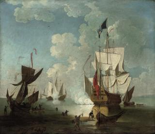 Thomas Leemans - Stern quarter view of the Royal Sovereign saluting in the Nore