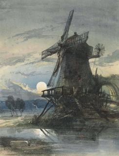Thomas Leeson Rowbotham, Jun. - A windmill beside a river, moonlight
