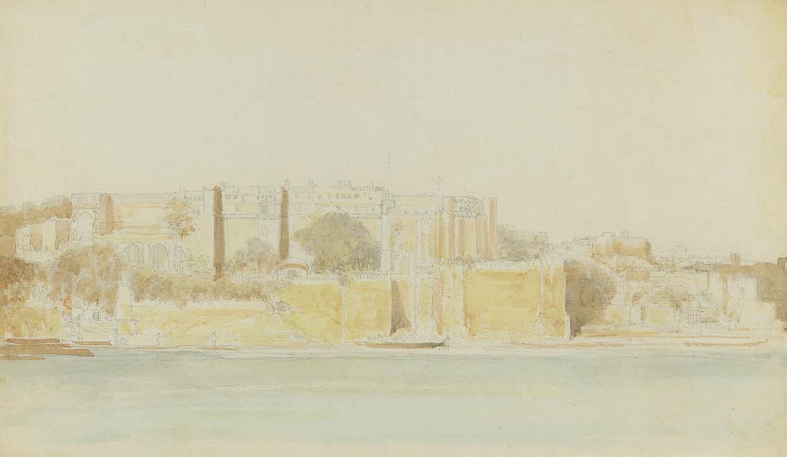Thomas Longcroft - An Indian fortress by a river; and Figures bathing from Ghats