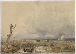 Thomas Lound - A watermeadow with cattle and a windmill, a passing shower (recto); sketch of a church and a tower among trees (verso)