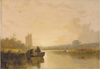 Thomas Lound - Evening On The River Yare At Whitlingham, With Figures In A Boat In The Foreground, Norwich Castle And Cathedral Beyond