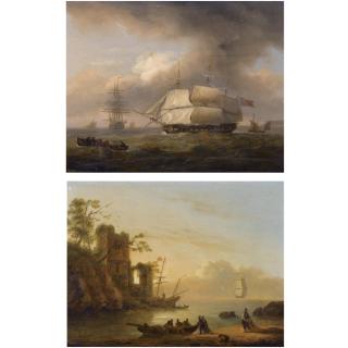 Thomas Luny - A 26-Gun Frigate Of The Royal Navy Off A Headland; Fishermen In An Estuary