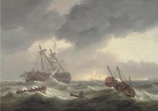 Thomas Luny - A Dutch man-o\'war in distress with boats coming to the rescue