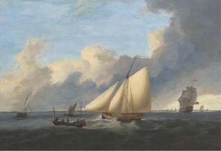 Thomas Luny - A First Rate ship-of-the-line arriving off a Naval port with an Admiralty cutter running down the coast astern of her