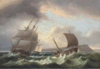 Thomas Luny - A frigate running out to sea, with a cutter astern of her and a fishing boat off to port