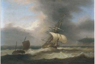 Thomas Luny - A Merchantman Reefed Down In Heavy Seas Running Past A Headland
