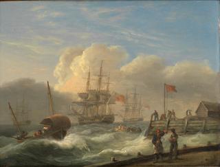 Thomas Luny - A naval frigate struggling to get underway in a high wind, with similar activity nearby ahead of the approaching squall