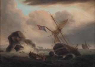 Thomas Luny - A ship foundering off a rocky coastline with survivors in a rowing boat heading for shore