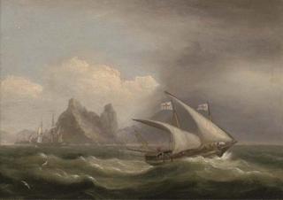 Thomas Luny - An Armed Xebec In The Mediterranean, A British Frigate Off Her Stern And Running Past A Rocky Coastline