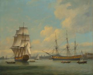 Thomas Luny - An East Indiaman in two positions off Deptford dockyard, with Greenwich beyond