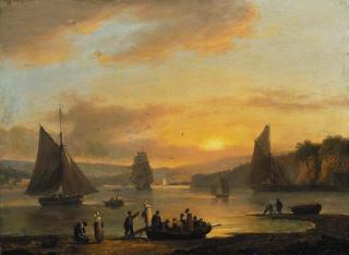 Thomas Luny - Boats in an estuary with figures disembarking in the foreground