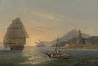 Thomas Luny - Fishermen casting their nets off a lighthouse in the Strait of Messina, with Mt. Etna beyond